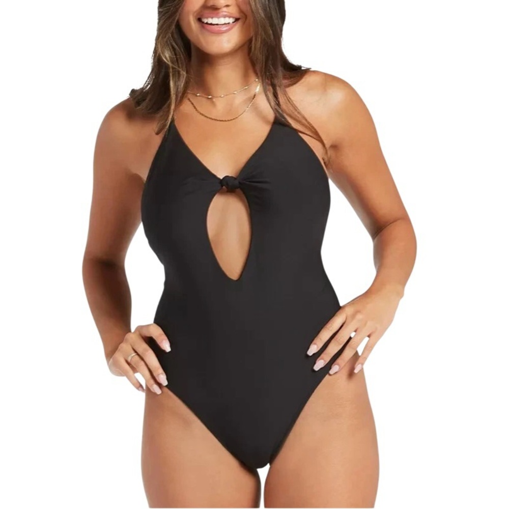 Volcom Black Simply Seamless One Piece Swimsuit Plunging‎ V-neck Sz M